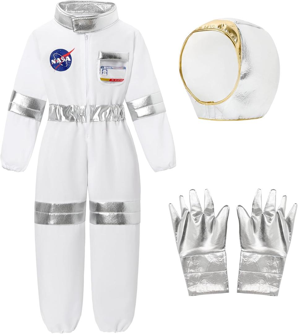 Kids Astronaut Costumes Pilot America Spacesuit for Boys Girls Space Jumpsuit Role Play Dress up Set 3-12 Years (7-10 Years, White)