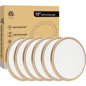 12 Inch Ceiling Light Fixture, Dimmable 0.67 Inch Super Slim, 24W 5CCT Round Ceiling Light for Laundry, Bedroom, 12 Inch 6Pack Gold