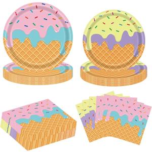 96PCS Ice Cream Plates and Napkins Party Supplies Ice Cream Disposable Paper Plates Napkins Tableware Set for Birthday Baby Shower Sweet Summer Ice Party, Serve 48 Guests