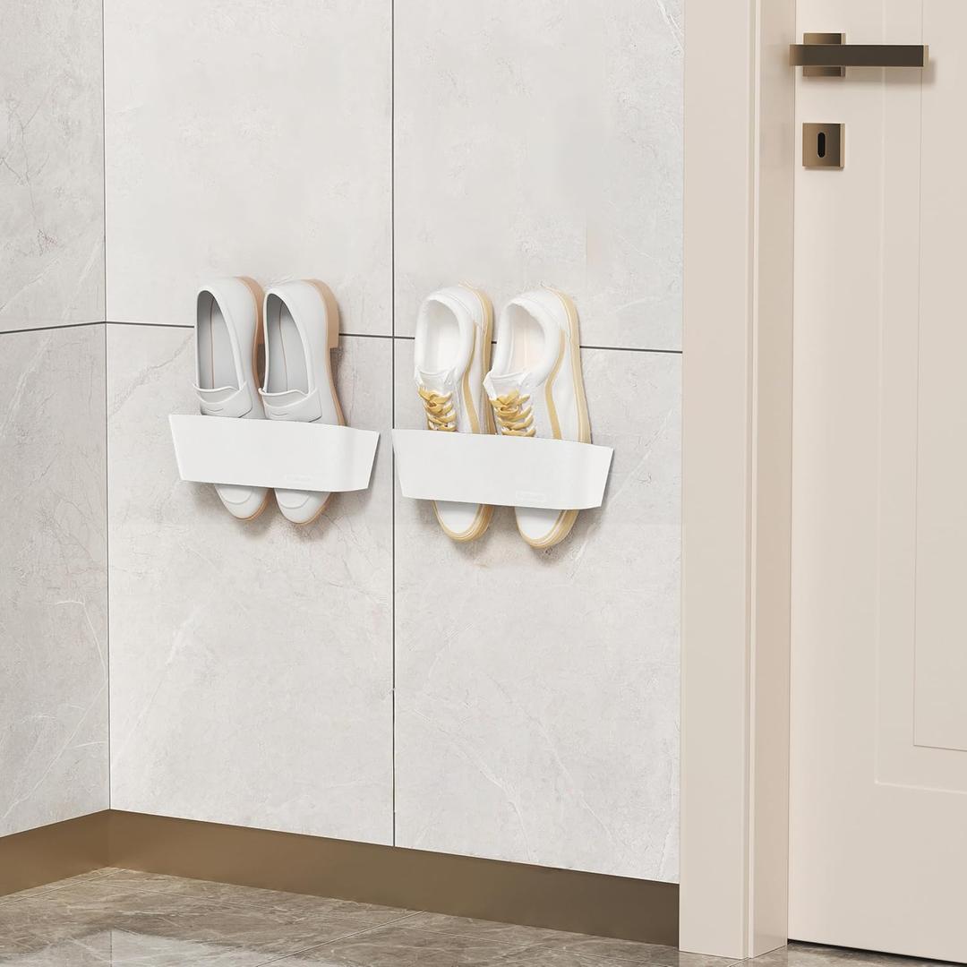 2-Pack Wall Mounted Shoe Rack with Sticky Strips, Space Saving Hanging Shoe Rack, No-Drill Hanging Shoe Shelves, Ideal for RV, Campers, Door, Wall, Closet - White