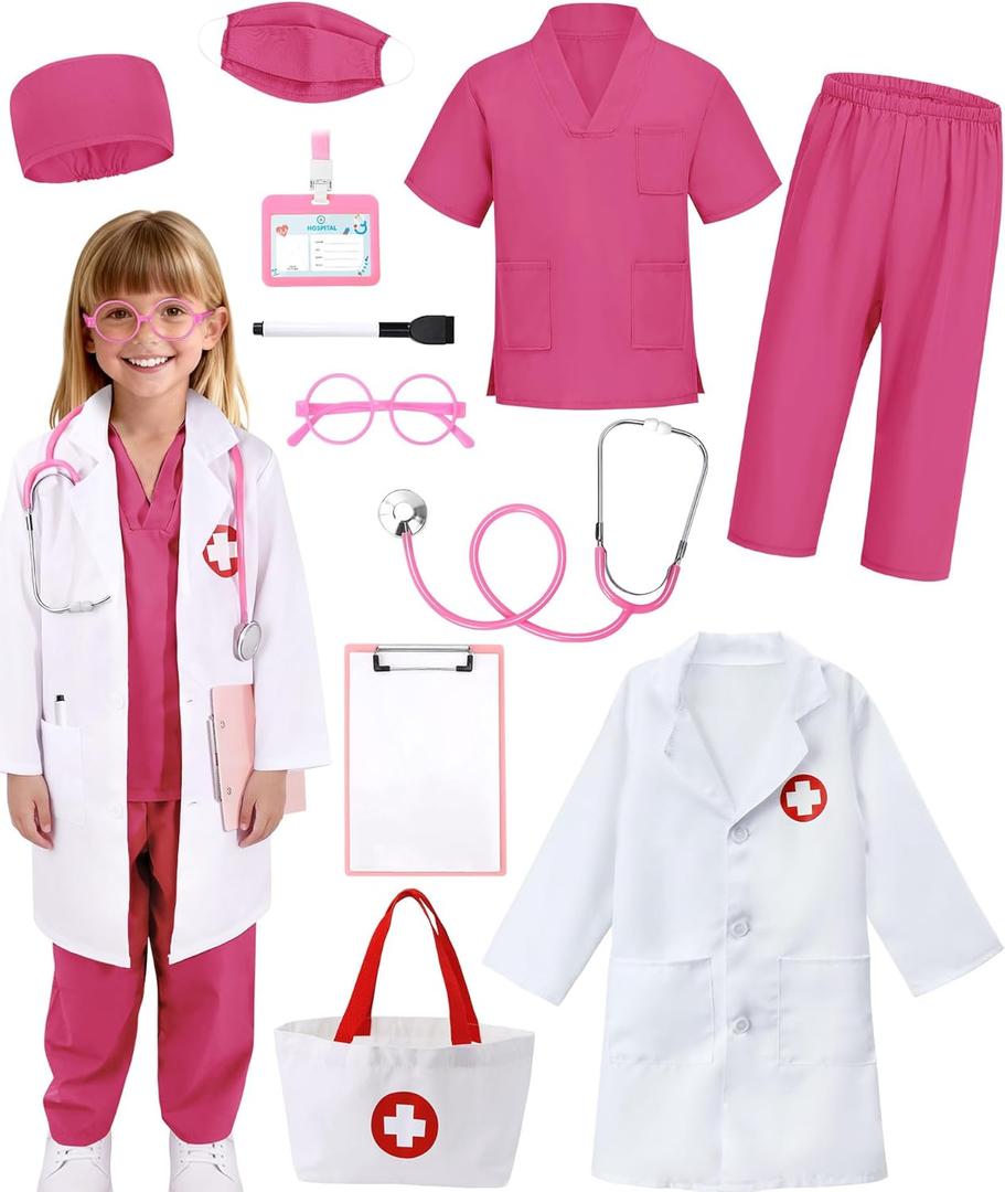 12 PCS Doctor Costume for Kids,Scrubs with Lab Coat/Nurse Costume Kids Set,Girls Boys Doctor Career Day Costumes (10-11 Years, Rose Red)