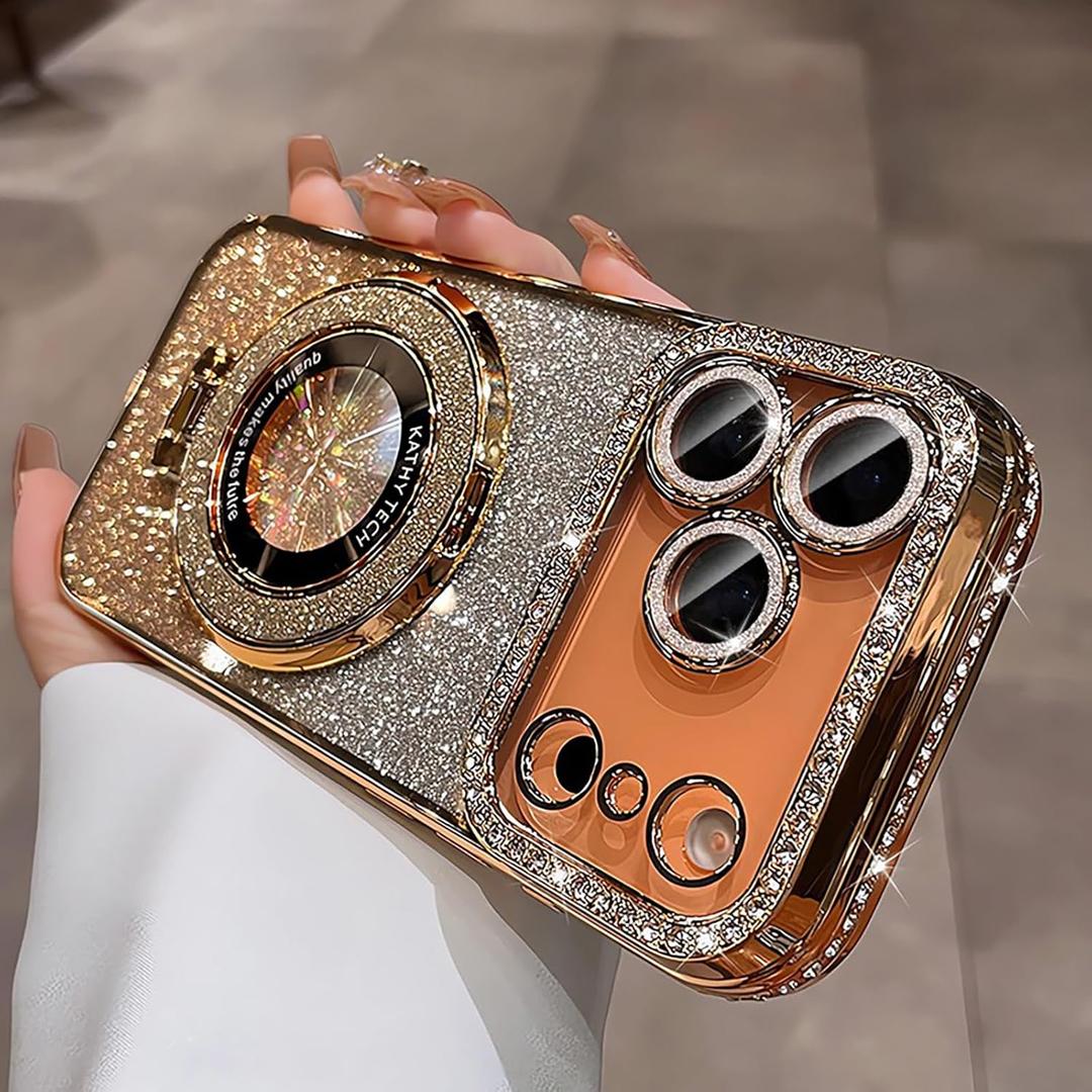 SMARTFOX Magnetic Kickstand Case for iPhone 14 Pro with Glitter Lens Protector, Compatible with Magsafe, Luxury Bling Diamond Cover Glitter Rhinestone Phone Case Women (Gold, for iPhone 14 Pro 6.1")