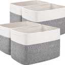 OIAHOMY 4 Pack Storage Baskets for Organizing, Basket for Shelves with Handle, Woven Baskets for Storage Toys, Towels, Books, Cotton Rope Basket 13" L x 9 " W x 7.8 " H, Grey & White