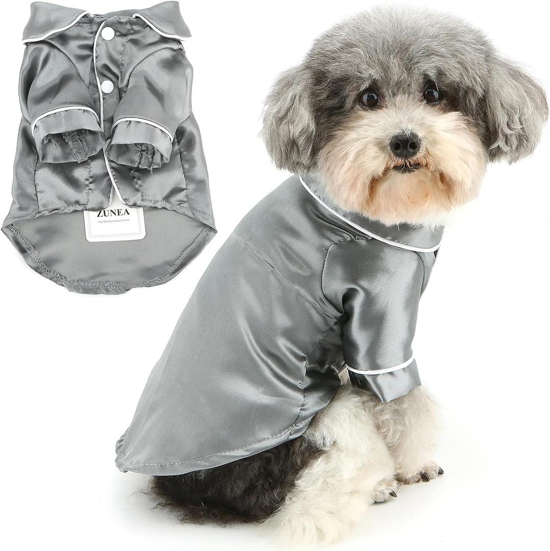 Zunea Small Dog Pajamas Shirts for S Size Dogs Soft Faux Silk Lapel Puppy Sleepwear Clothes Two-Legged Indoor Pjs Shirt Outfits Chihuahua Yorkie Pet Holiday Party Apparel, Gray, S