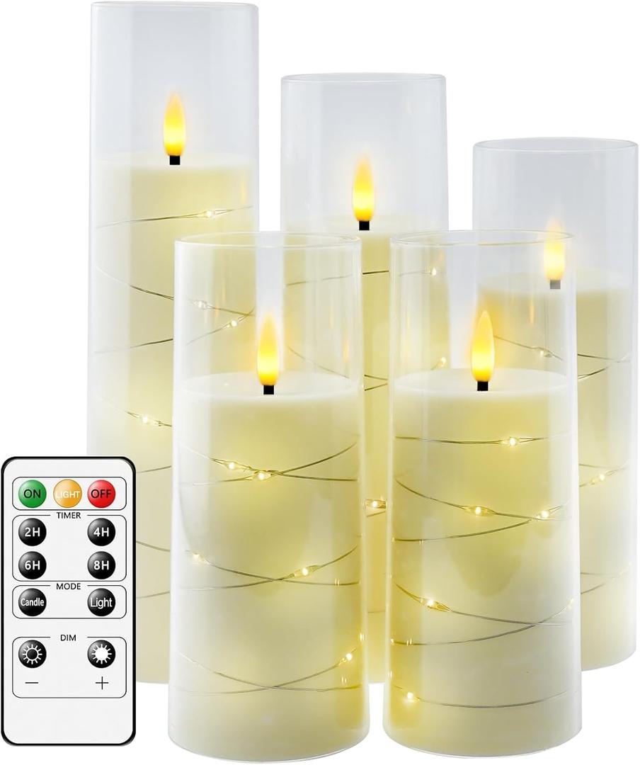 Flameless LED Candles with Timer 5 Pc Flickering Flameless Candles for Romantic Ambiance and Home Decoration Stable Acrylic Shell, with Embedded Star String Battery Operated Candles Ivory