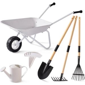 ROBUD Kids Gardening Tools Outdoor Toys Set Backyard Play with Kids Wheelbarrow-9pcs Metal Toddler Wheelbarrow, Garden Tools, Watering Can, Plant Labels for Ages 3+ (Grayish White)