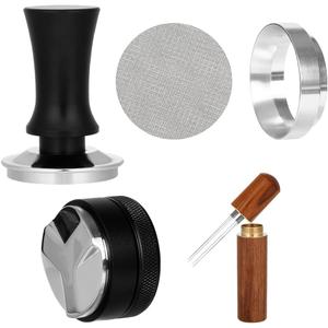 Adjustable Depth Espresso Tamper Set: 58mm Spring Loaded Espresso Distributor Leveler with Magnetic Dosing Funnel Aluminum Metal & Reusable Screen