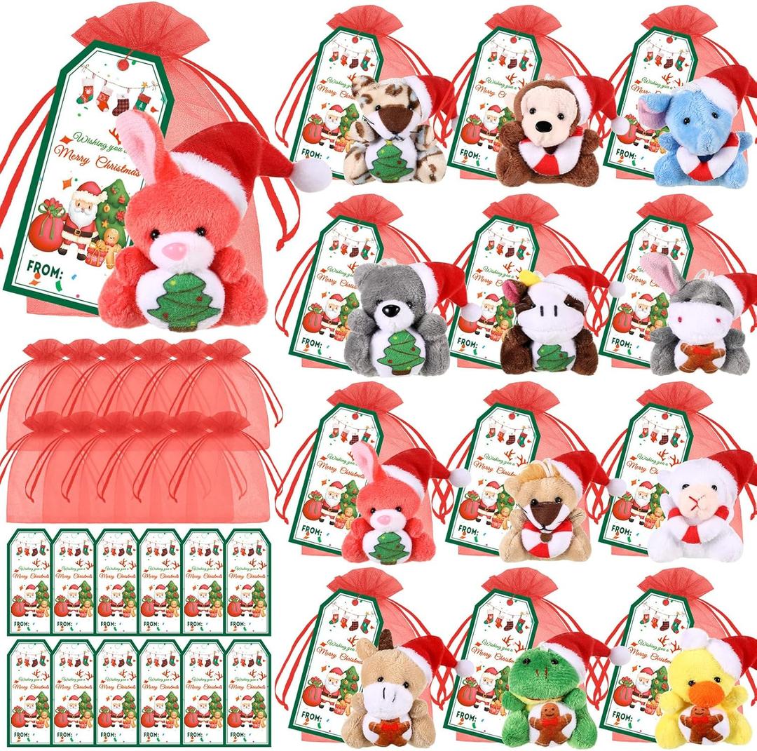 Wiwiqing 36 Pcs Christmas Mini Stuffed Animals Gifts Set 12 Christmas Plush Animals 12 Cards 12 Bags Xmas Small Plush Keychains Exchange Gift Toys for Friend Family Xmas Party Favors Goodie Bag Filler