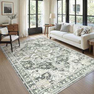 zesthome 5x7 Washable Rug-Stain Resistant Area Rugs for Living Room, Ultra-Thin Vintage Rugs, Non-Slip Backing Rug, Low Pile Large Area Rug, Boho Home Decor (Grey/Beige)