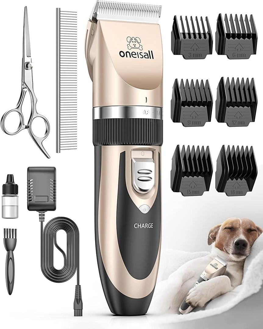 oneisall Dog Clipper Low Noise, Dog Grooming Kit with Rechargeable, Pet Shaver Cordless Electric Quiet Hair Clipper Set for Dogs, Cats Pets, Gold