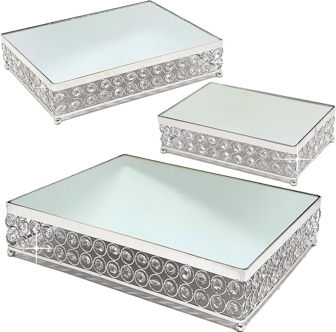 allgala Wedding Cake Stands 3-Piece Set Crystal Silver Cheese Dessert Cupcake Cake Stand with Mirror Plate-Silver Rectangle-HD89205