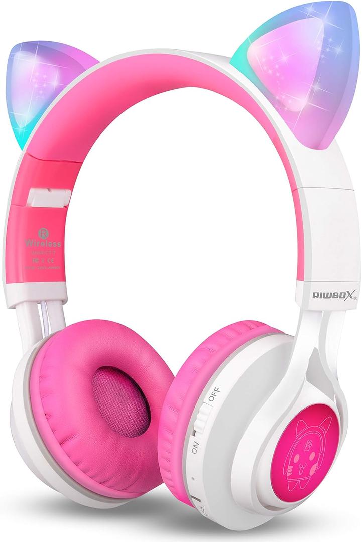 Riwbox CT-7 Cat Ear Bluetooth Headphones, LED Light Up Bluetooth Wireless Over Ear Headphones with Microphone and Volume Control for Travel/School/Smartphones/Laptop/PC/TV (White&Pink)