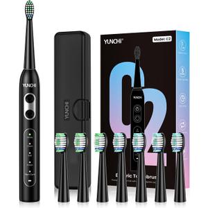 YUNCHI Electric Toothbrush for Adults and Kids, Sonic Rechargeable Toothbrushes with 8 Brush Heads, 1 Travel Case, 90 Days, 2 Min Timer, IPX7 Waterproof, 5 Modes, Type-C, 40000 VPM Motor, Black
