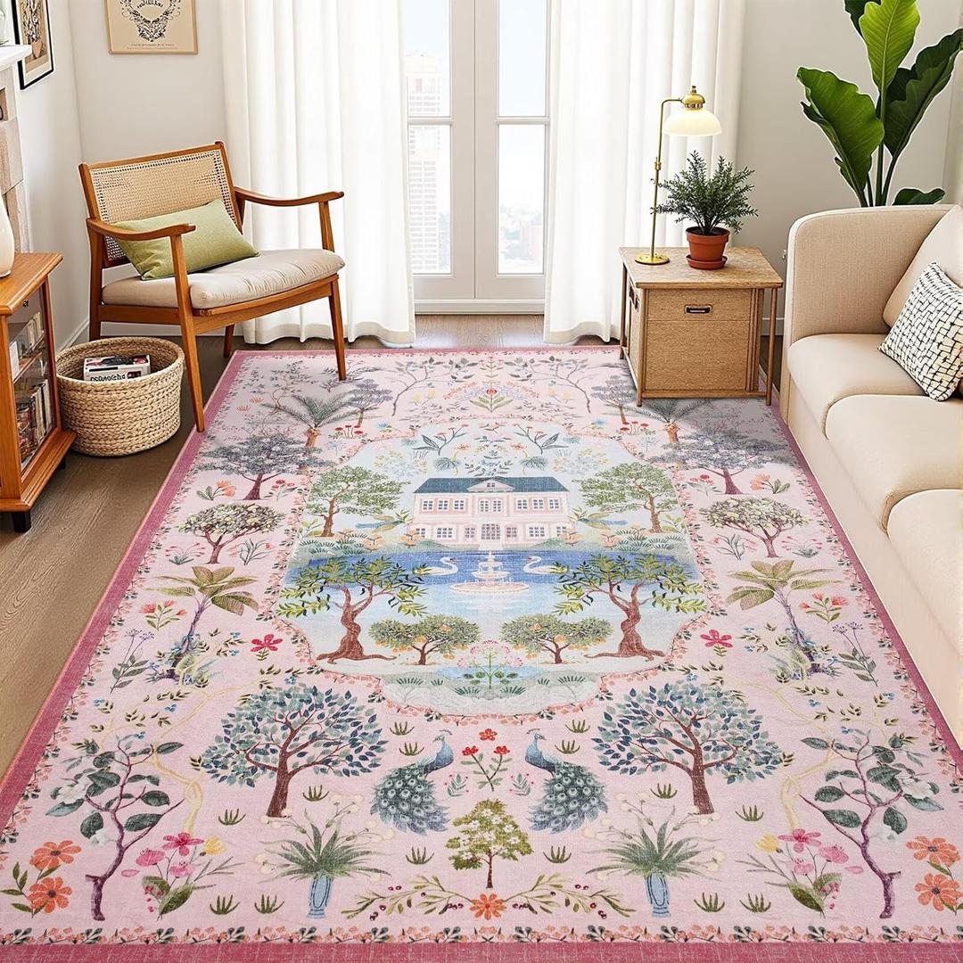 Vasofe 5x7 Living Room Rug, Pink Washable Rugs for Dining Room,Girls Bedroom, Nursery, Indoor Floor Mat, Jungle Animal Floral Mats for Playroom, Farmhouse, Non Slip Low Pile Carpet for Laundry Room