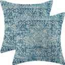 Boho Pillow Covers 18x18 Set of 2, Teal Carpet Pattern Decorative Throw Pillows Linen Ethnic Design Farmhouse Cushion Pillow Covers for Sofa Couch Outdoor Decor
