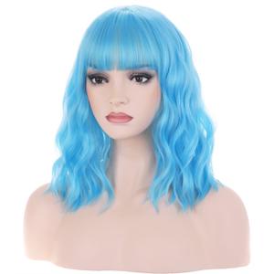 BERON 14 Inches Blue Wig Short Curly Wig with Bangs Women Charming Wigs Sky Blue Synthetic Wigs with Hairnet