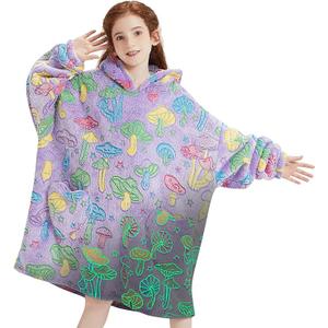 Wearable Blanket Hoodie for Kids Oversized Sherpa Blanket Hoodie for Kids Boys Girls Teens 6-13YR, Glow in The Dark Mushroom