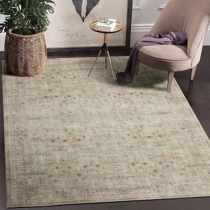 Domitapis Area Rug 8×10, Large Vintage Boho Rug,Ultra-Soft Low Pile, Washable, Non Slip,Stain Resistant, Printed Carpet for Living Room Bedrooms Playroom Office Kitchen, Moss/Oat