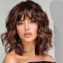 Lativ Brown Highlight Wigs for Women Short Wavy Curly Bob Wig with Bangs Shoulder Length 14 Inches Synthetic Hair for Daily Party Use