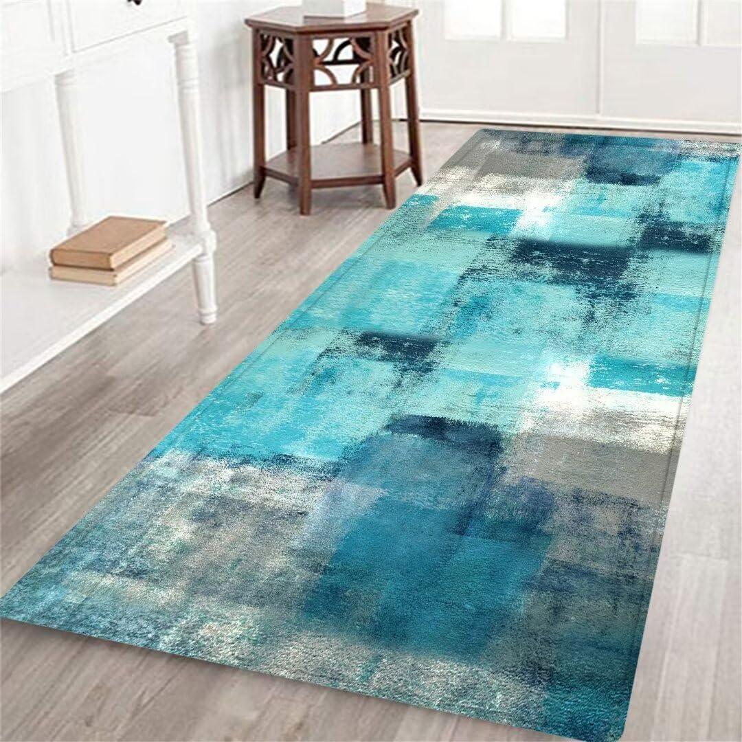 Abstract Hallway Runner Rug 2x6 Throw Rug Teal Blue Area Rug Modern Washable Long Hallway Rugs Non-Slip Bathroom Runner Floor Carpet for Bedroom Laundry Room Entrance Door Mat for Kitchen Entryway