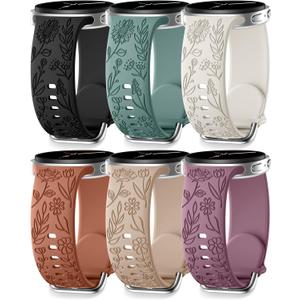 SNBLK Floral Engraved Bands Compatible with Samsung Galaxy Watch 8 Band 40mm 44mm/Galaxy Watch 8 Classic Band 46mm, 6Pack Flower Soft Silicone Sport Replacement Strap for Samsung Watch Bands Women Men (Black/Pine Green/Starlight/Brown/Milk Tea/Smoke Violet)
