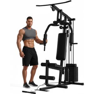 Home Gym Machine with 100LB Weight Stack, Multifunctional Full Body Workout Station for LAT Pulldown, Chest Press, Leg Extension & Strength Training, Compact Fitness Equipment for Home Use