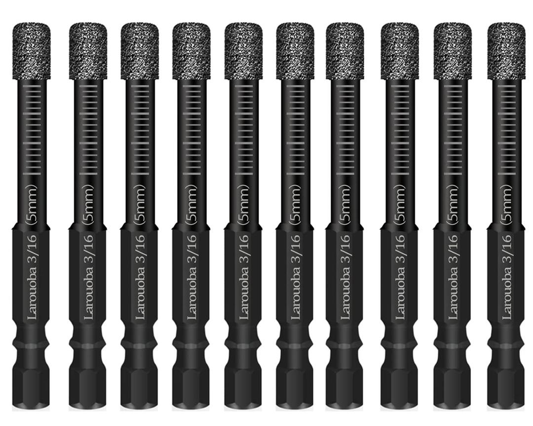 10Pcs 5mm Dry Diamond Drill Bits Set, Larouoba 3/16 Black Diamond Core Drill Bits for Tile Ceramic Marble Porcelain Stone Glass(not for Wood)