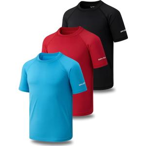 Liberty Pro 3 Pack Boys' UPF 50+ Rash Guard Short Sleeve Swim Shirts, Quick Dry UV Protection Swimwear for Kids (Medium, Red/Black/Bright Blue)
