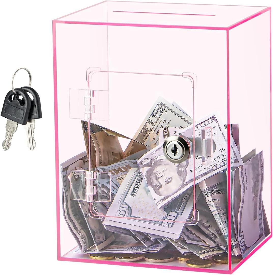 Hicocool Clear Piggy Bank with Lock, Acrylic Piggy Bank for Adults Kids Openable, Reusable Money Saving Box with Key for Birthday (Pink)
