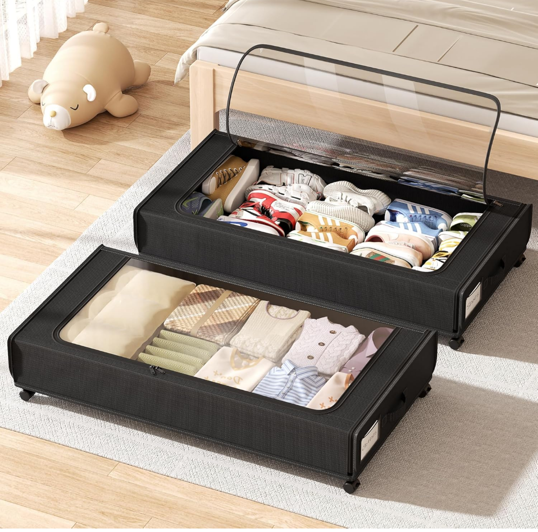 XXXXL Extra Long Under Bed Storage with Wheels,BIGGEST Size (66L) under the bed storage Organizer with Lid&Label,Rolling Under the bed Metal Drawer for Clothes,Shoes,Toys(36x17x 6In)