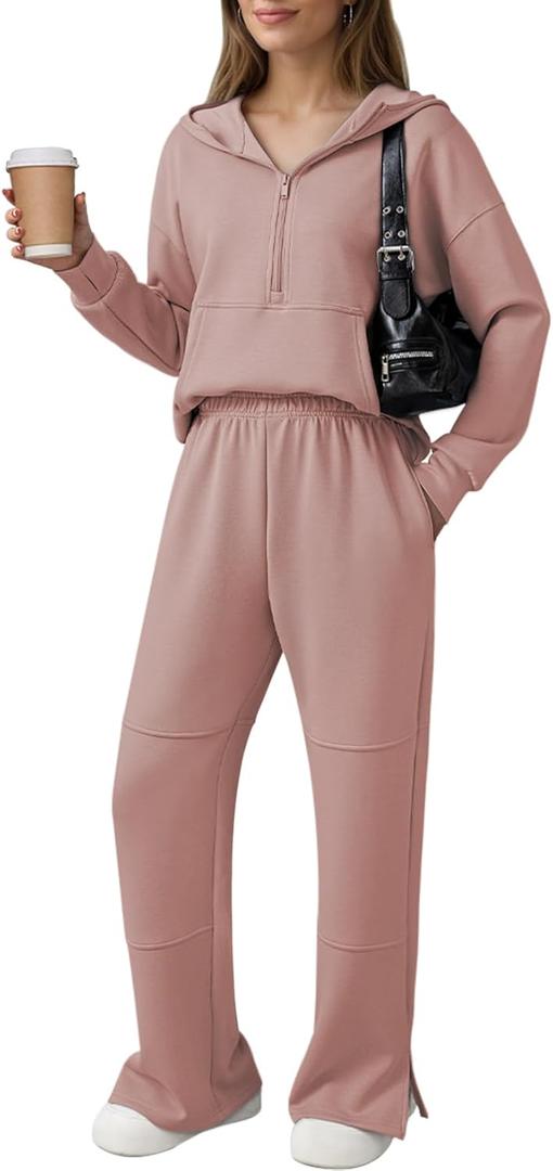Pink Queen Women's 2 Piece Lounge Sets Half Zip Hooded Sweatshirt and Wide Leg Sweatpants Sweatsuit Tracksuit Matching Set (Medium)