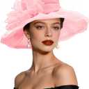 Womens Derby Hats Kentucky 2026 Fascinator Church Tea Party Wedding Adjustable Wide Brim Hat with Removable Flower (Pink)