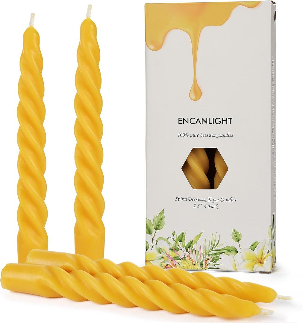 Beeswax Taper Candles, 7.3 inch Spiral Bees Wax Candlestick 4 Packs, Unscented Dripless and Smokeless, 4-5 Hours Long Burning for Home Decorations, Party, Dinner, Christmas (Yellow)
