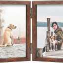 FOREV 3.5x5 Double Picture Frame Wooden Hinged Photo Frame Definition Glass Stand Vertically on Desktop or Tabletop Rustic Wood