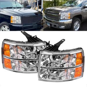 Headlights Assembly for 2007 2008 2009 2010 2011 2012 2013 Chevy Silverado 1500,07-14 Silverado 2500HD 3500 Halogen Headlamp, OE Style (Chrome Housing Headlight)