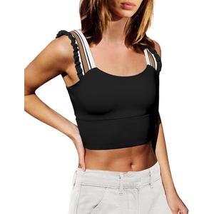 Wenlia Women's Cropped Tank Tops Sleeveless Stretchy Camisole Ruffle Wide Strap Cut Out Workout Gym Athletic Camis Shirt,  Extra Large, Black  Wenlia Women's Cropped Tank Tops Sleeveless Stretchy Camisole Ruffle Wide Strap Cut Out Workout Gym Athletic Camis Shirt,  Extra Large, Black