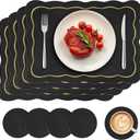 Set of 4 Black Vinyl Placemats with Coasters 16.5 Inch Black Scalloped Vinyl Placemats Waterproof Faux Leather Place Mats Wipeable Heat Resistant for Kitchen Dining Table Decor