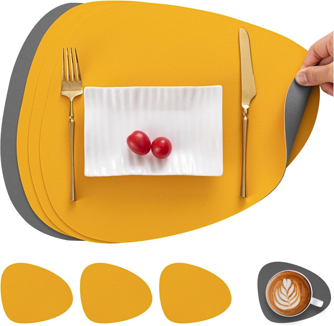 Myir JUN Placemats, Dual-Sided Placemats Waterproof Faux Leather Placemats Set of 4 Place Mats and Coasters Non-Slip Washable Table Mats for Dining Table (Gray Yellow, Set of 4)