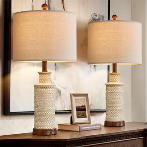 BOBOMOMO 24'' Farmhouse Table Lamp Set of 2 for Bedroom Living Room Vintage Rustic Traditional Nightstand Bedside Lamps (2 Pack Rotary Switch-Beige)
