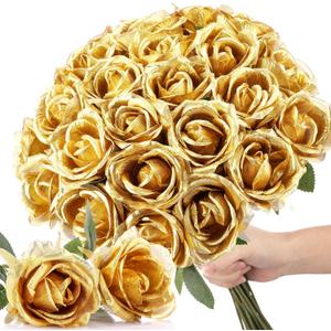 30 Pcs Rose Artificial Flowers in Bulk Real Touch Long Stem Silk Roses Bouquets Realistic Faux Flowers for Wedding Bridal Shower Home Decor Floral Arrangements Table Centerpiece(Gold)