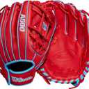 Wilson | A500 | Adult + Youth Baseball Glove + Mitt | Red/Blue/White, 11.5" | Infield, Right Hand Throw 
