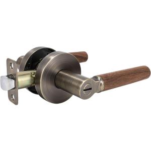 Walnut Wood Privacy Door Lever - Reversible Keyless Locksets Door Handles for Interior Bedrooms&Bathrooms Room Door Lock Zinc Alloy Base (1 Pack, Antique Brass, Privacy)