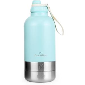 GrandTies Insulated Portable Dog Water Bottle with 2 Detachable Dog Water Bowl Dispenser | Leak-Proof Dog Food Travel Container | Dog Accessories for Dogs Walking, Hiking, Camping (64oz, Powder Green)
