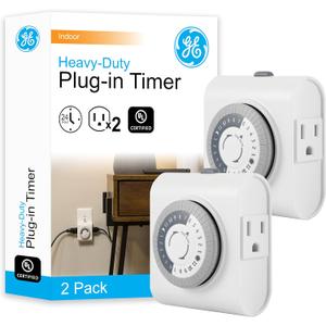 GE Mechanical Grounded Outlet Timer, Dual Plugs with 3 Prongs, 24 Hour Cycle, Indoor Use for Lights, Lamps, Fans, Appliances, Christmas Tree, 2 Pack, 46211