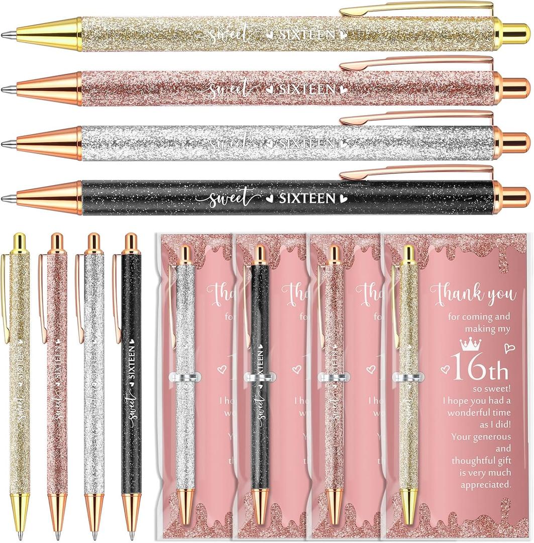 Feifeiya 25 Sets Sweet 16th Birthday Party Favors for Guests, Include Sweet Sixteen Glitter Ballpoint Pens with Thank You Cards, Thank You for Coming to My 16 Years Birthday Party Supplies (Classic)