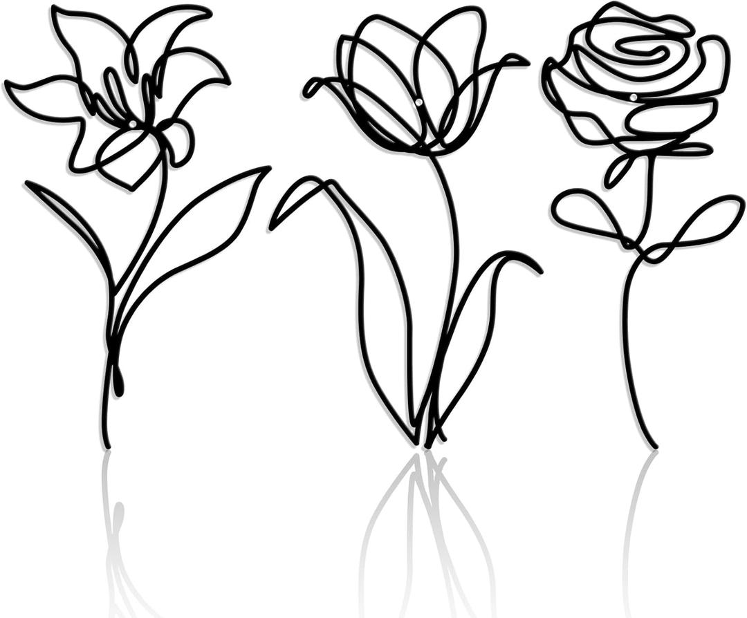 3 Pieces Metal Flowers Wall Arts Decor, Rustic Farmhouse Metal Wall Ornament Art Black Minimalist Floral Decor for Bathroom Kitchen Bedroom Living Room, 6x10 Inches - Housewarming Gifts