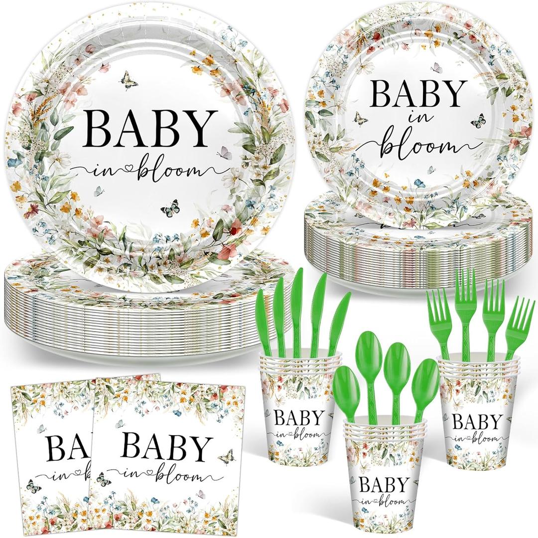 Avezano 168 PCS Baby in Bloom Baby Shower Decorations Wildflower Butterfly Plates Napkins Tableware Set Wildflower Party Supplies, Serves 24