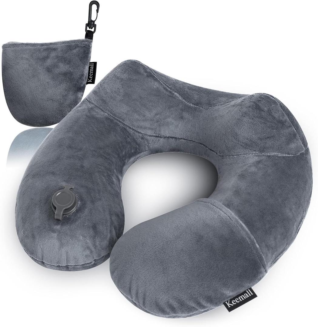 Inflatable Travel Pillows for Airplanes, Easy Blow Up Inflatable Travel Neck Pillows for Air Travel Sleeping Long Flight, Comfort Travel Air Pillows for Car Train Office Nap Camping (Medium, Black Gray)