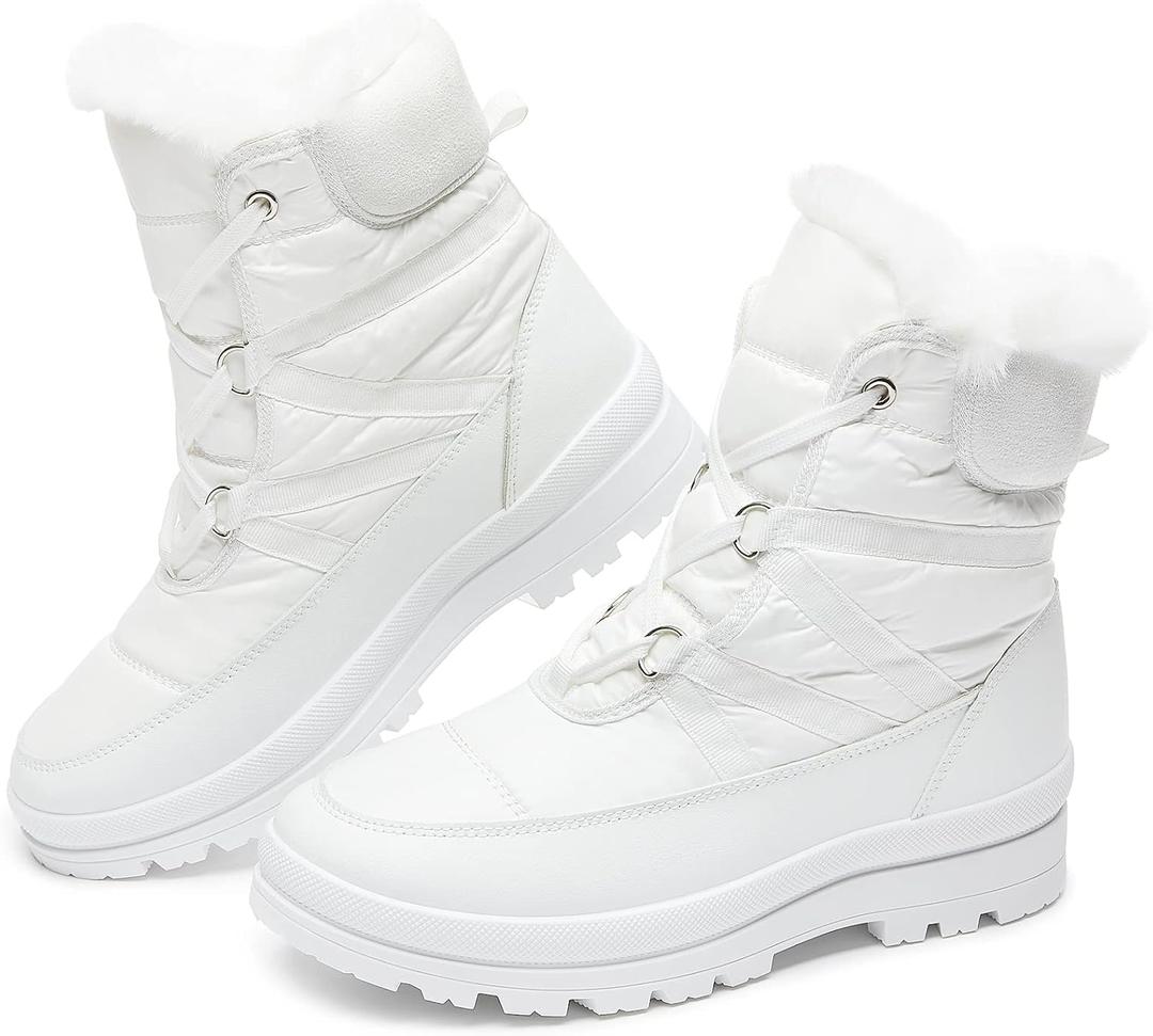 BABUDOG Womens Warm Fur Lined Mid-Calf Boots Waterproof Winter Snow Boots Non-slip Lace up Combat Boots (8, White)