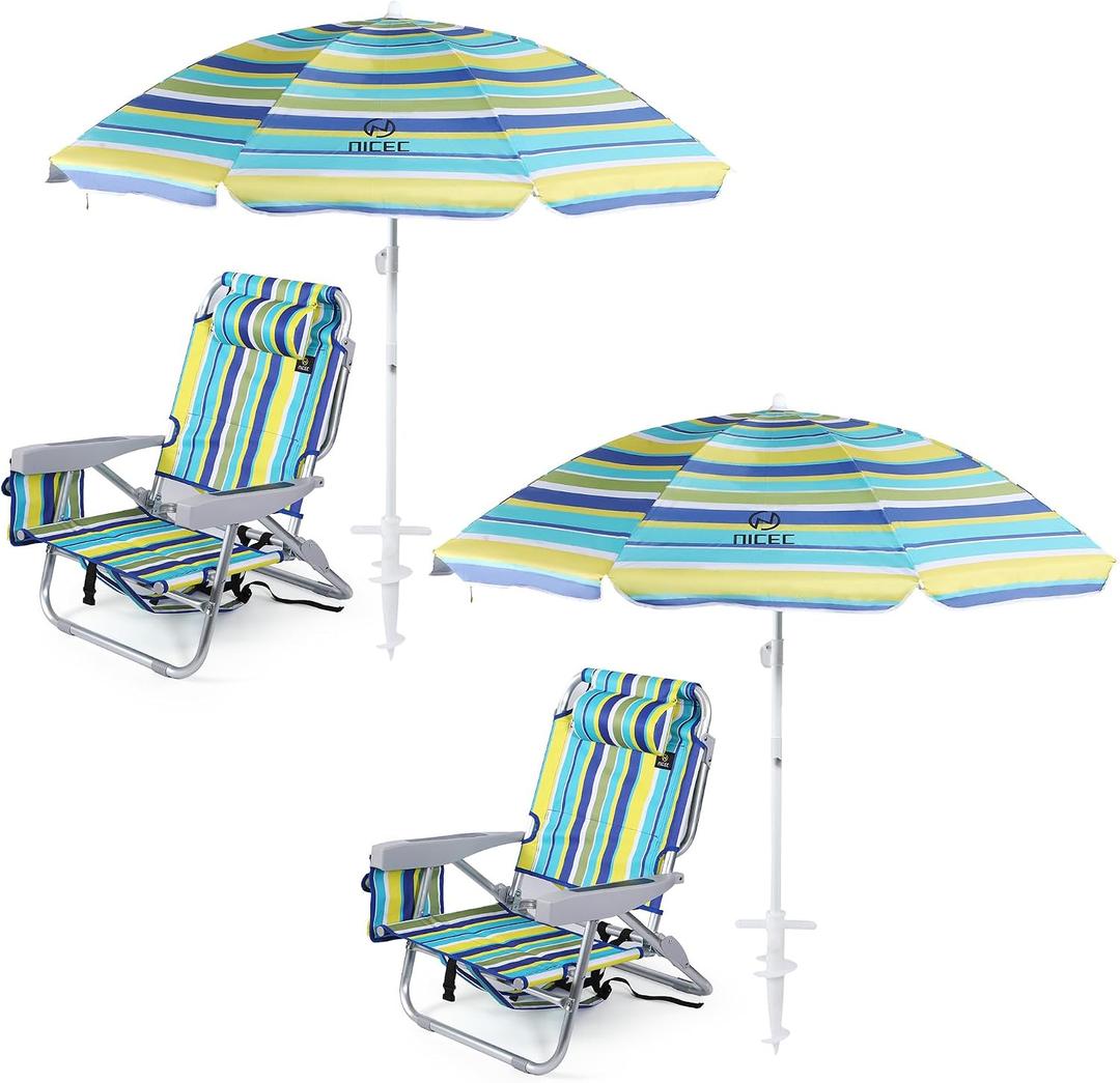 Nice C Chair Beach, Beach Chair with Umbrella for Adults, Stripe Backpack Beach Chair, Sand Chair with Cooler, High Back Lake Chair, Sillas De Playa, Cup Holder, Heavy Duty (Set of 2)